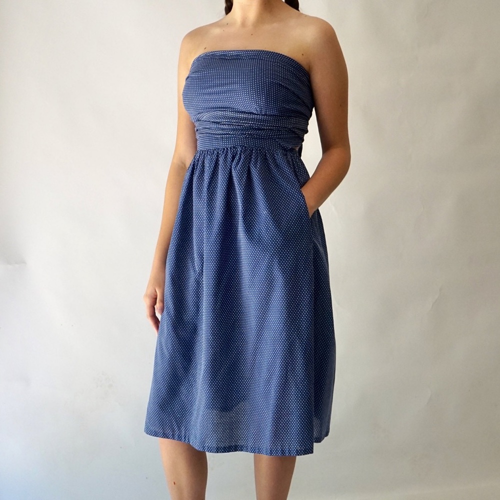 Strapless cotton handmade blue white polkadot dress